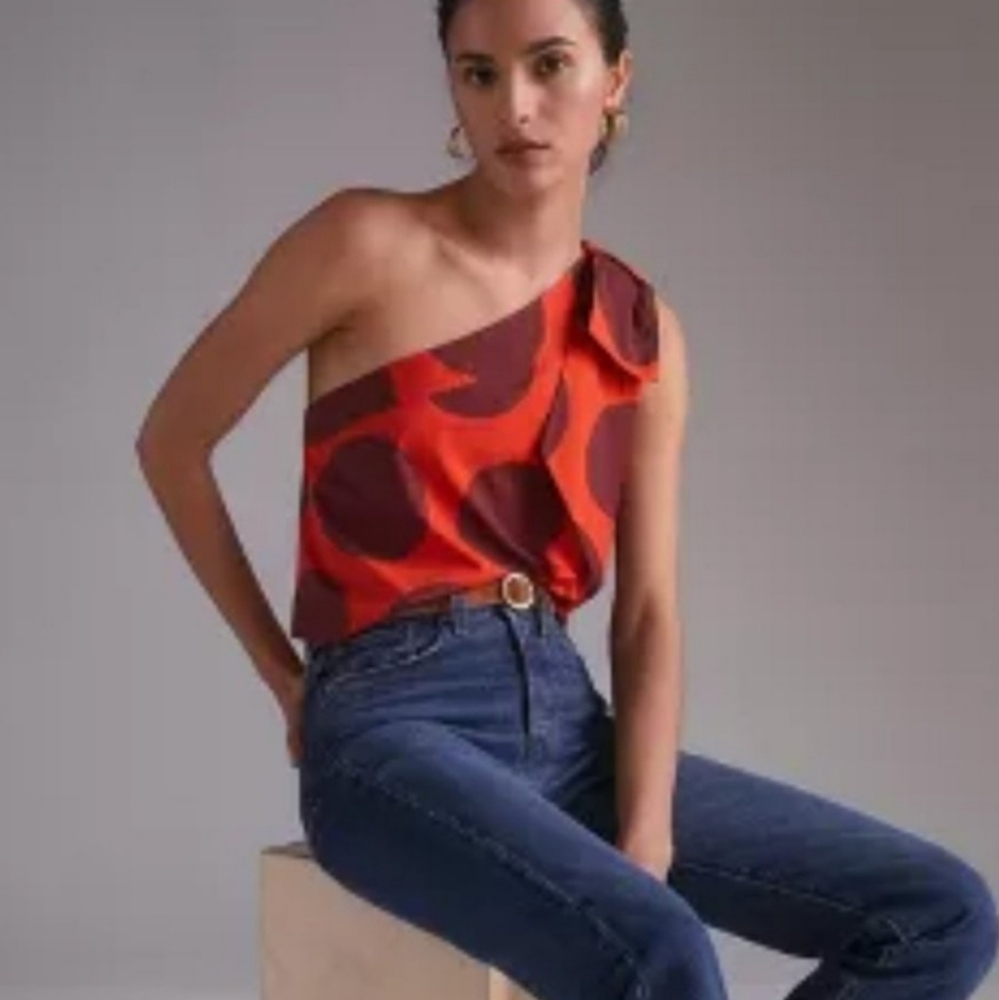 Farm Rio polka dot one shoulder retro pop color crop top sz L